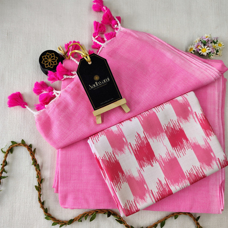 Baby Pink Handloom Cotton Saree With Designer Blouse