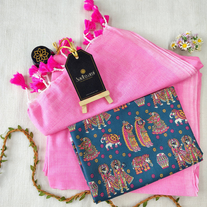 Baby Pink Handloom Cotton Saree With Designer Blouse