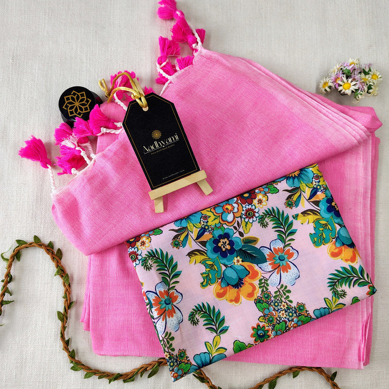 Baby Pink Handloom Cotton Saree With Designer Blouse