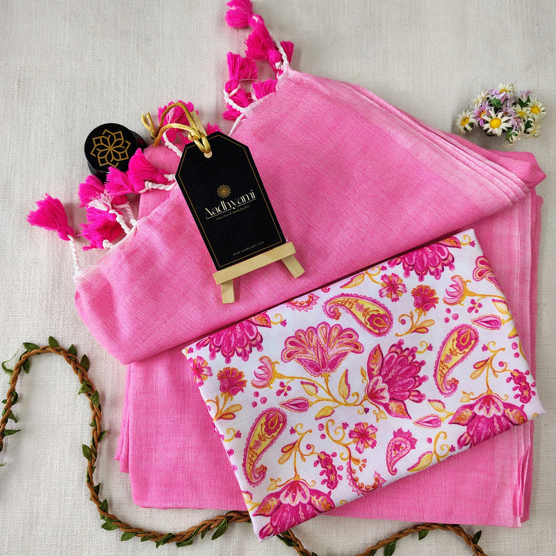Baby Pink Handloom Cotton Saree With Designer Blouse