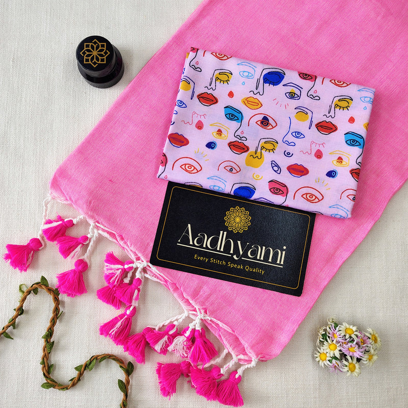 Baby Pink Handloom Cotton Saree With Designer Blouse