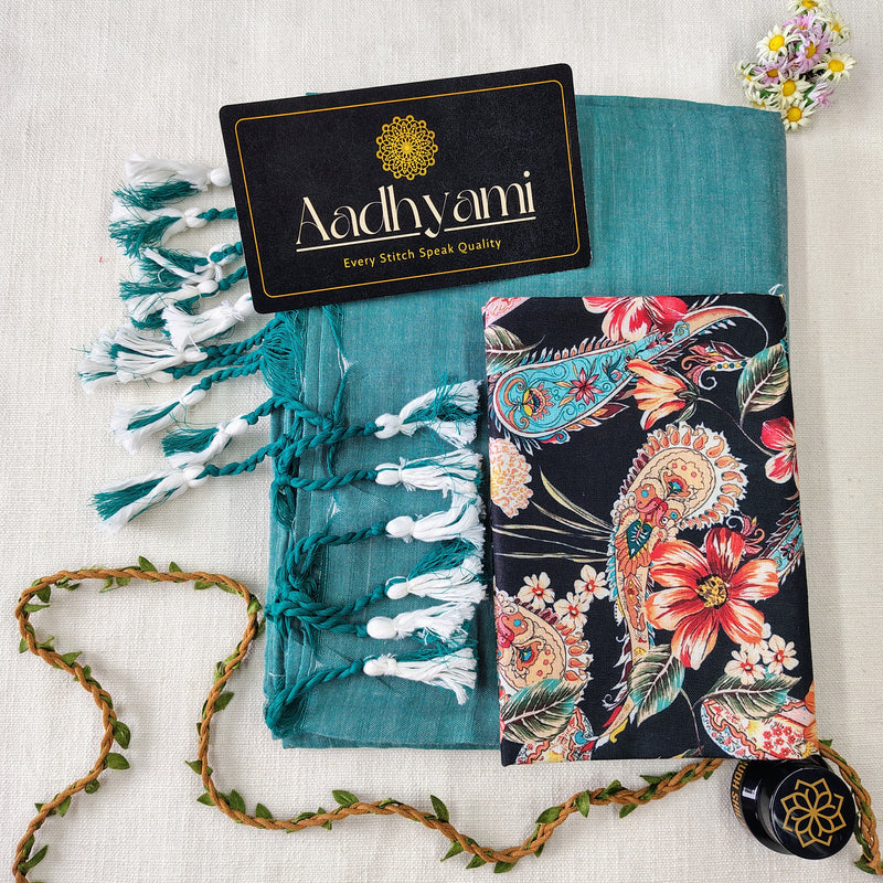 C Green Handloom Cotton Saree With Designer Blouse