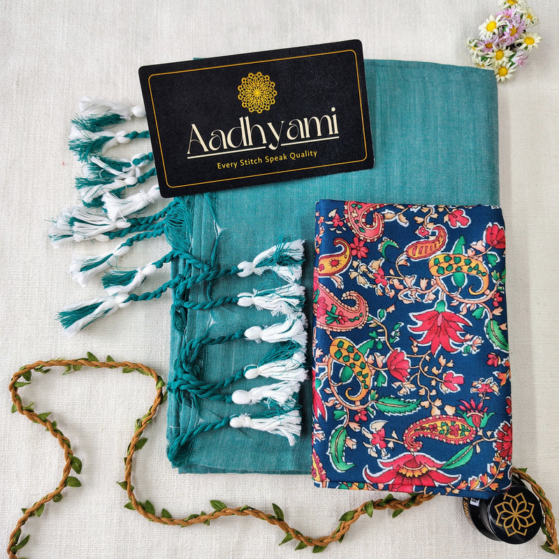 C Green Handloom Cotton Saree With Designer Blouse