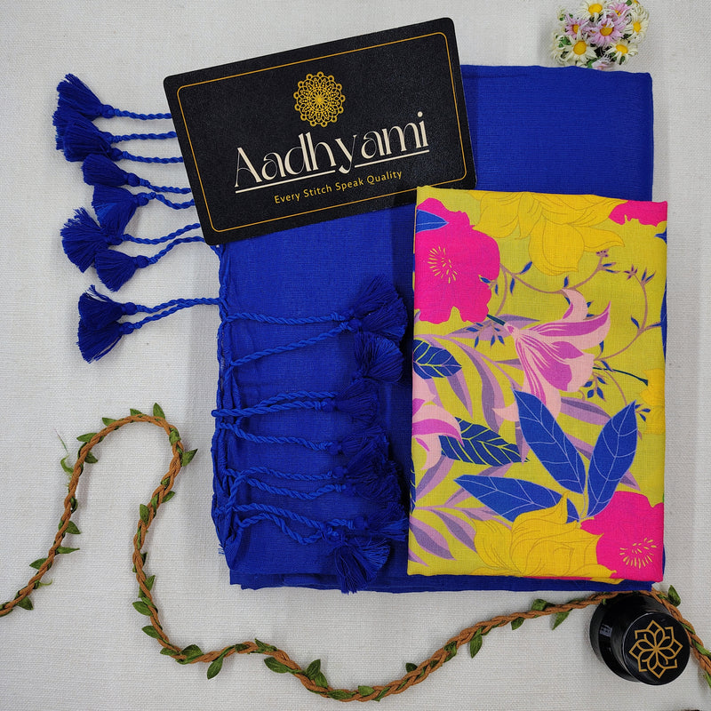 Blue Handloom Cotton Saree With Floral Printed Blouse
