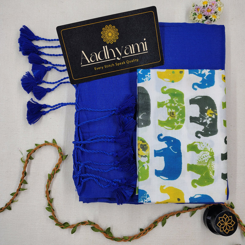 Blue Handloom Cotton Saree With Floral Printed Blouse