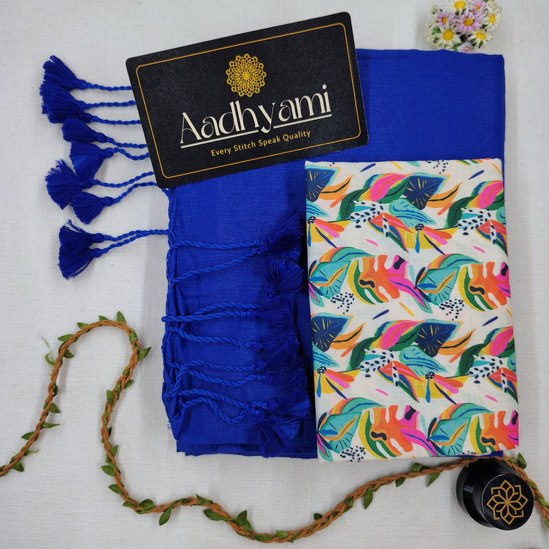 Blue Handloom Cotton Saree With Designer Blouse