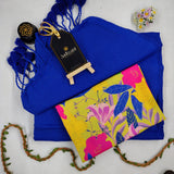 Blue Handloom Cotton Saree With Floral Printed Blouse