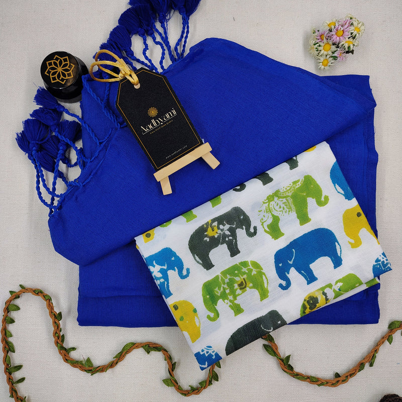 Blue Handloom Cotton Saree With Floral Printed Blouse