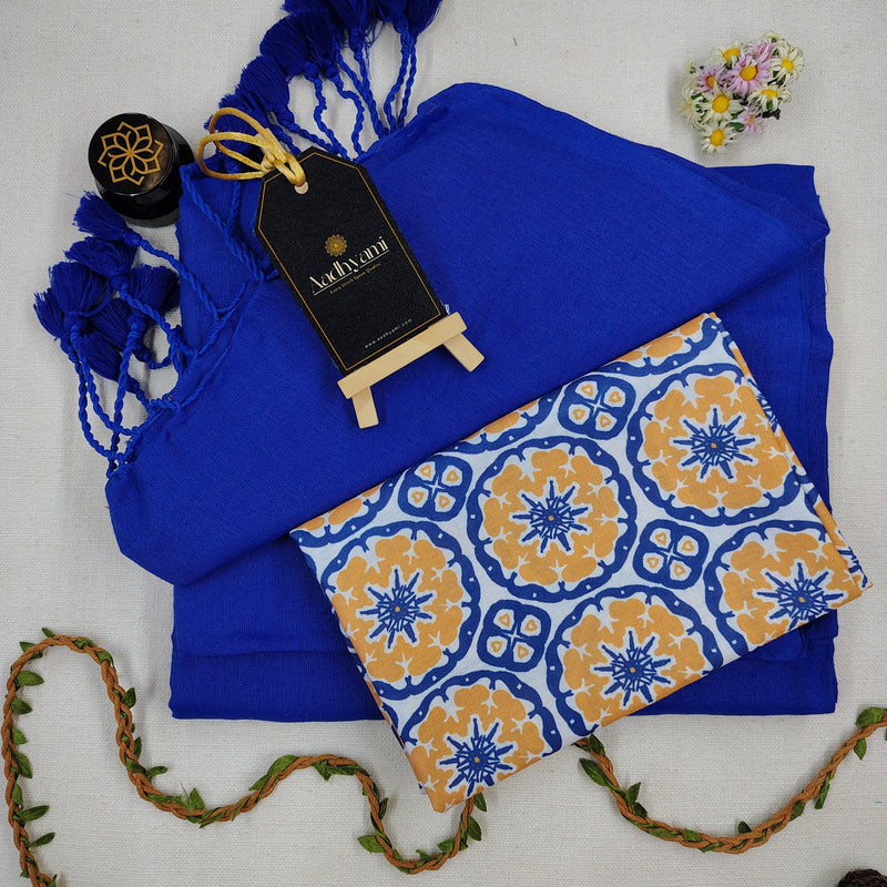 Blue Handloom Cotton Saree With Designer Blouse