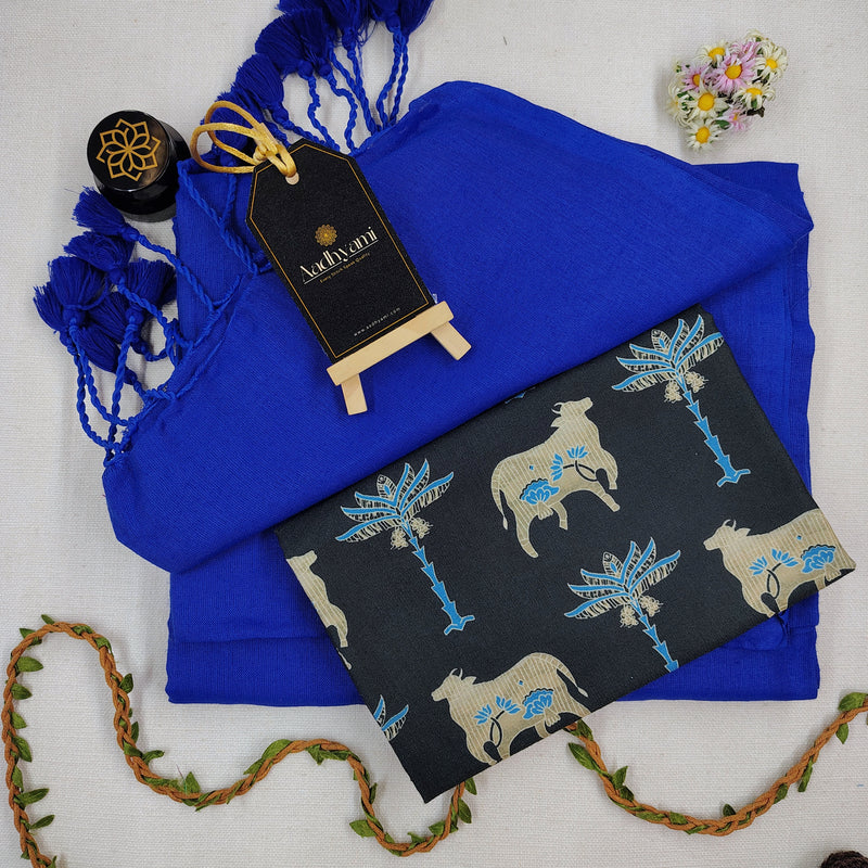 Blue Handloom Cotton Saree With Designer Blouse