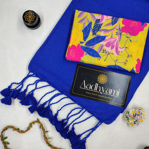 Blue Handloom Cotton Saree With Floral Printed Blouse