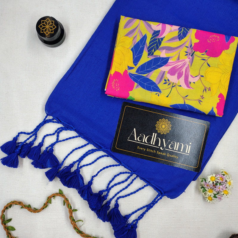 Blue Handloom Cotton Saree With Floral Printed Blouse