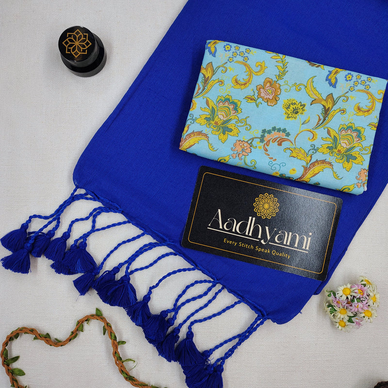 Blue Handloom Cotton Saree With Floral Printed Blouse