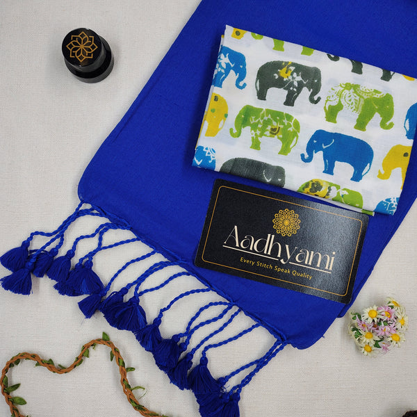 Blue Handloom Cotton Saree With Floral Printed Blouse