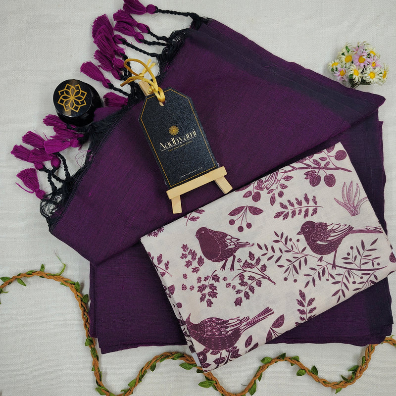 Wine Handloom Cotton Saree With Designer Blouse