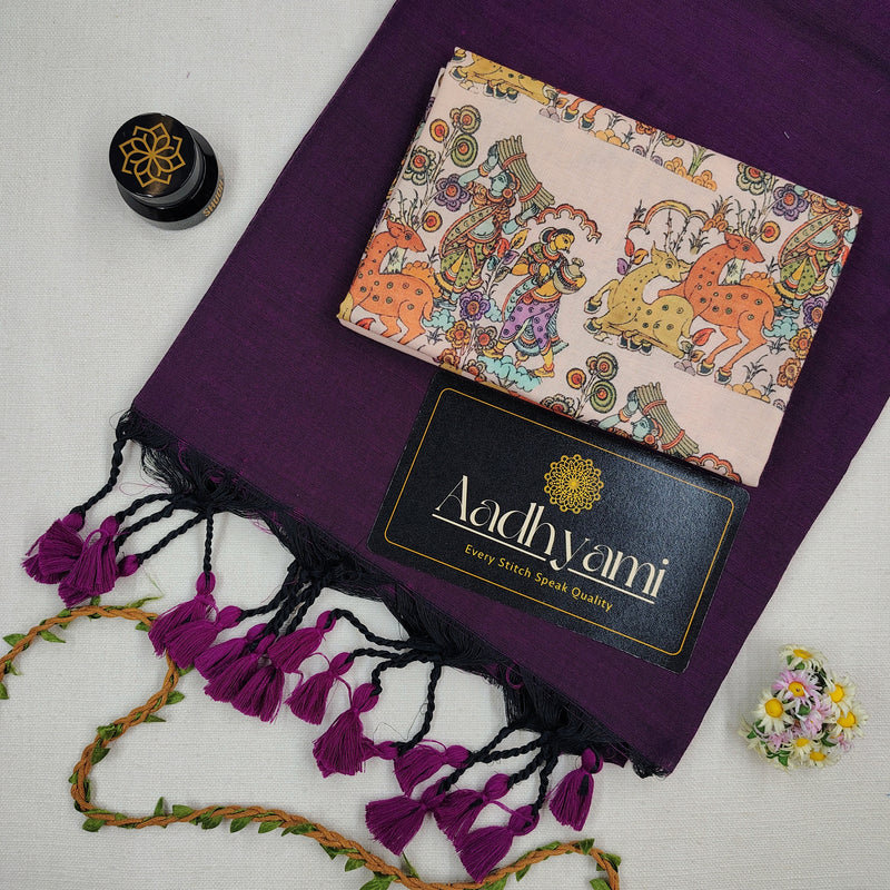 Wine Handloom Cotton Saree With Designer Blouse