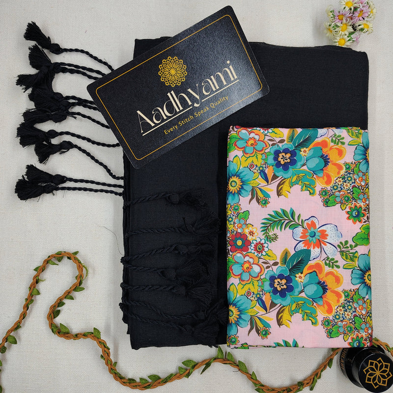Black Handloom Cotton Saree With Designer Blouse