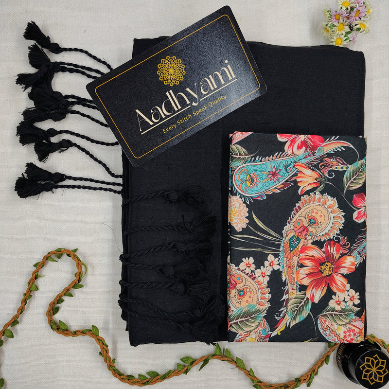 Black Handloom Cotton Saree With Designer Blouse