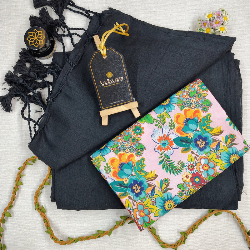 Black Handloom Cotton Saree With Designer Blouse
