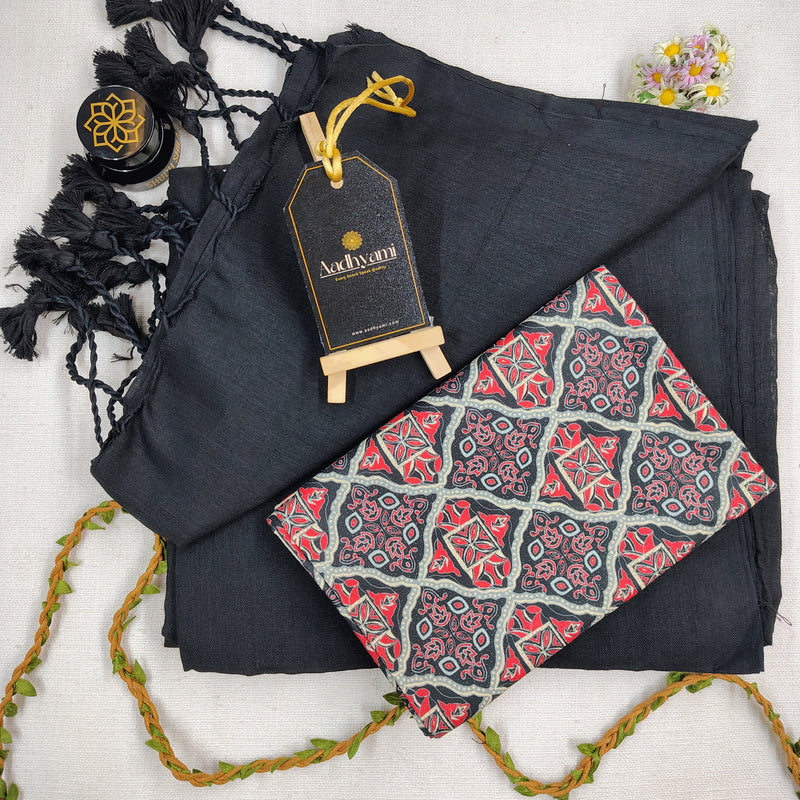 Black Handloom Cotton Saree With Designer Blouse