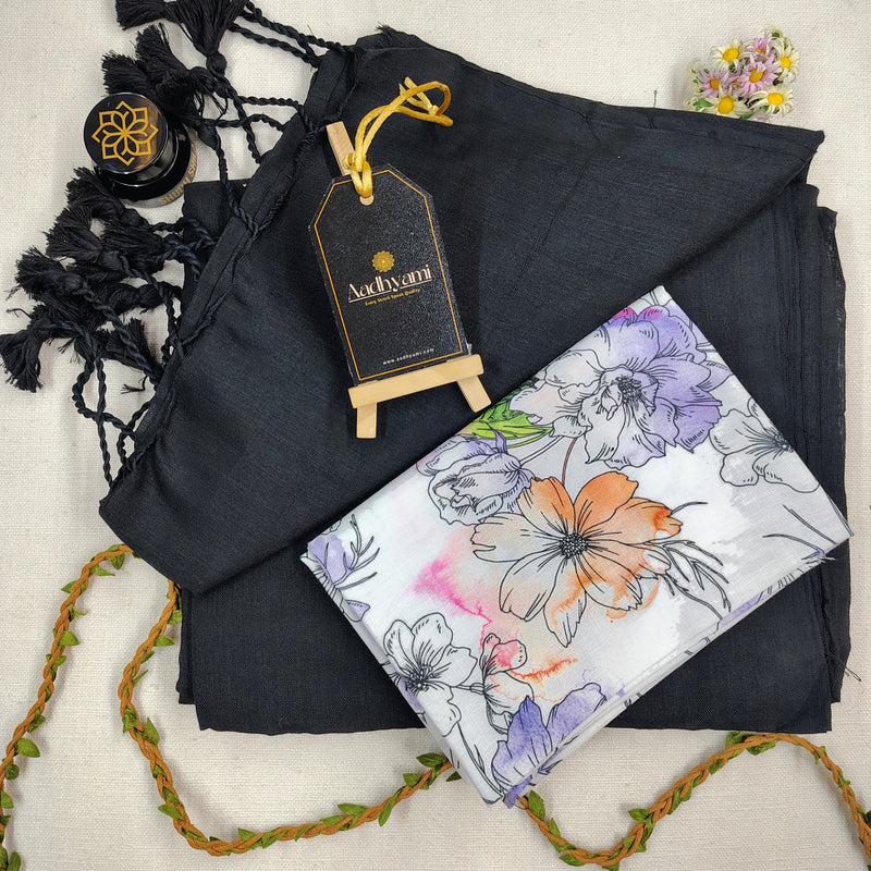 Black Handloom Cotton Saree With Designer Blouse