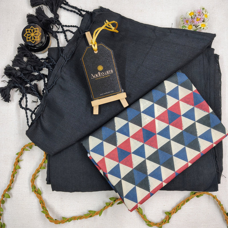 Black Handloom Cotton Saree With Designer Blouse