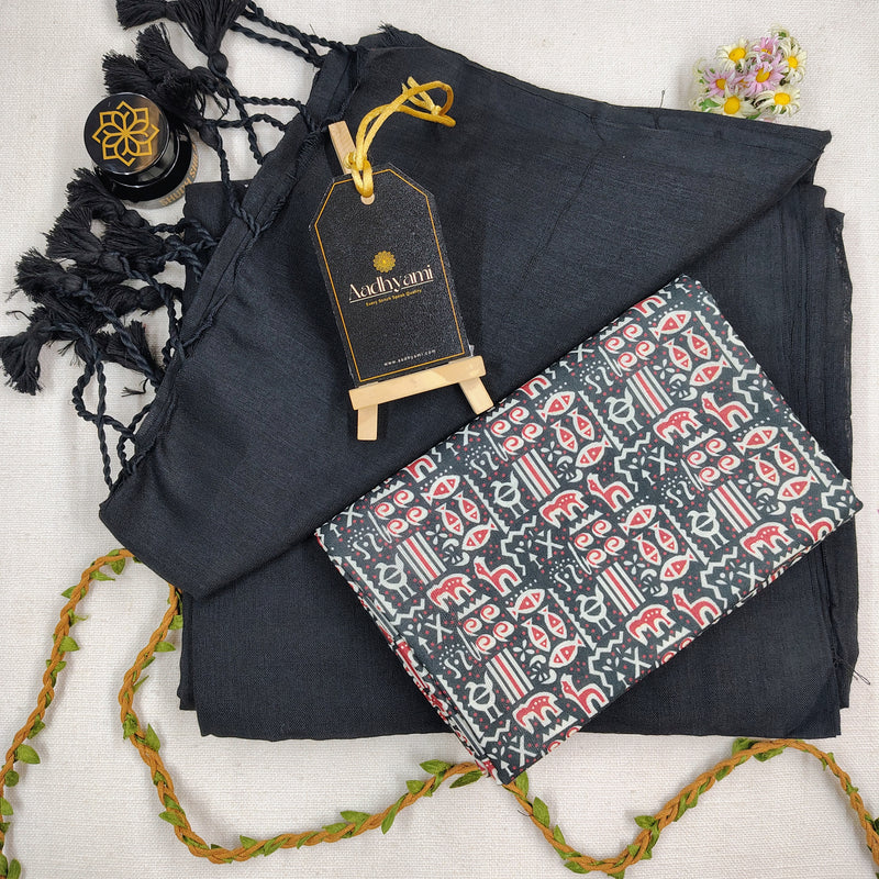 Black Handloom Cotton Saree With Designer Blouse