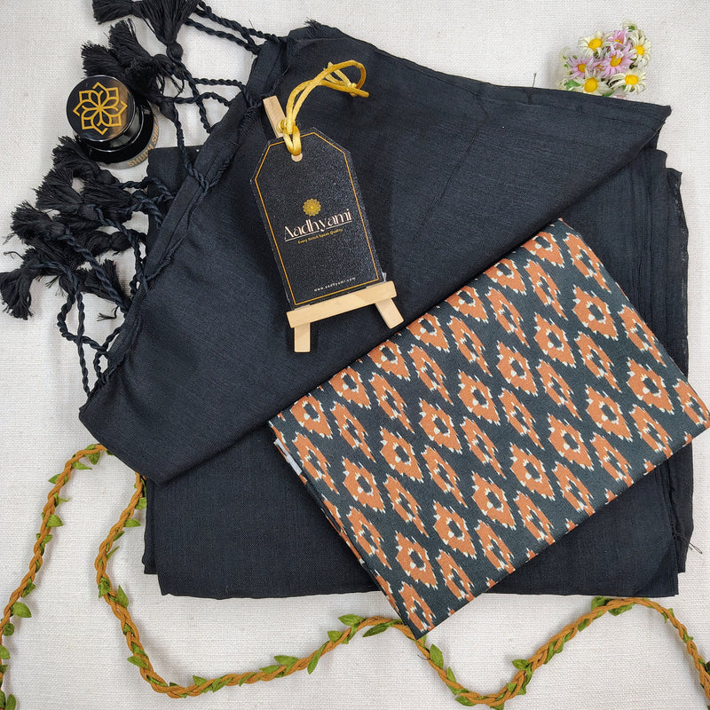 Black Handloom Cotton Saree With Designer Blouse