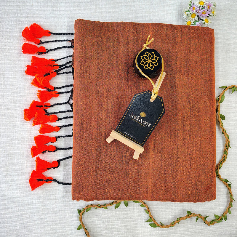 Orange Handloom Cotton Saree With Designer Blouse