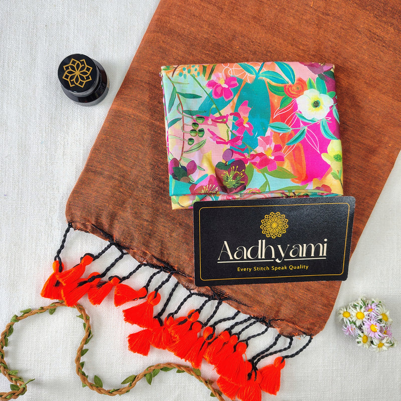 Orange Handloom Cotton Saree With Designer Blouse