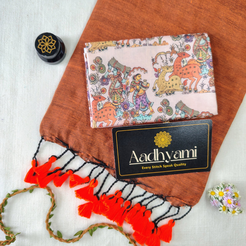 Orange Handloom Cotton Saree With Designer Blouse