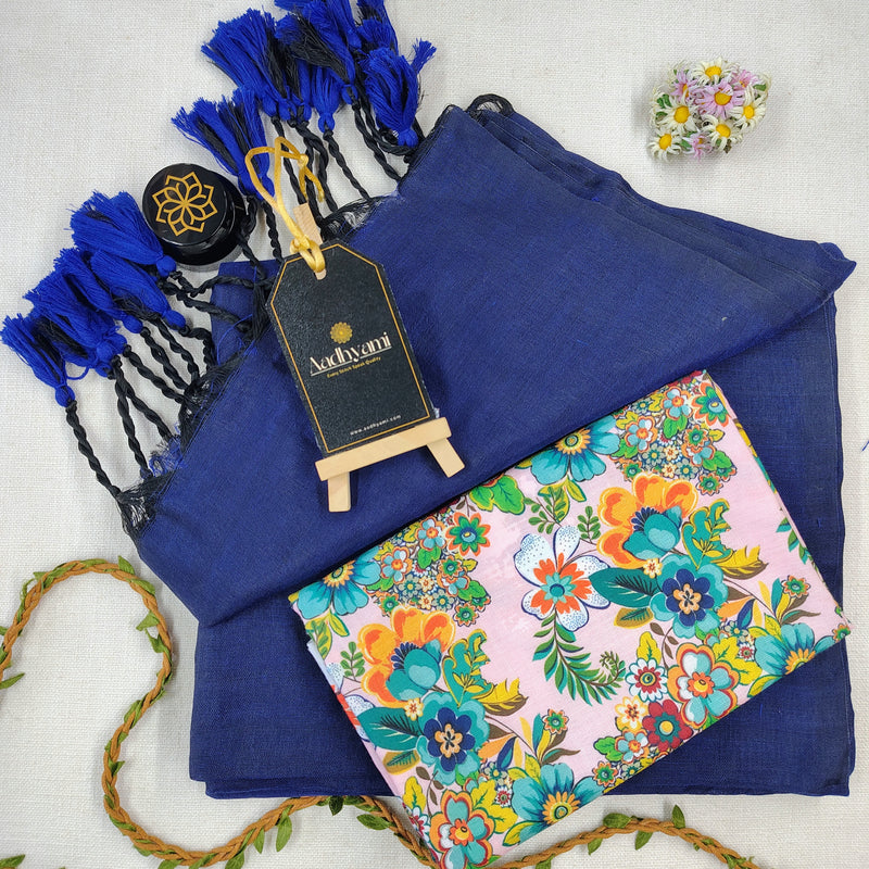 Royal Blue Handloom Cotton Saree With Designer Blouse