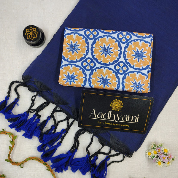 Royal Blue Handloom Cotton Saree With Designer Blouse