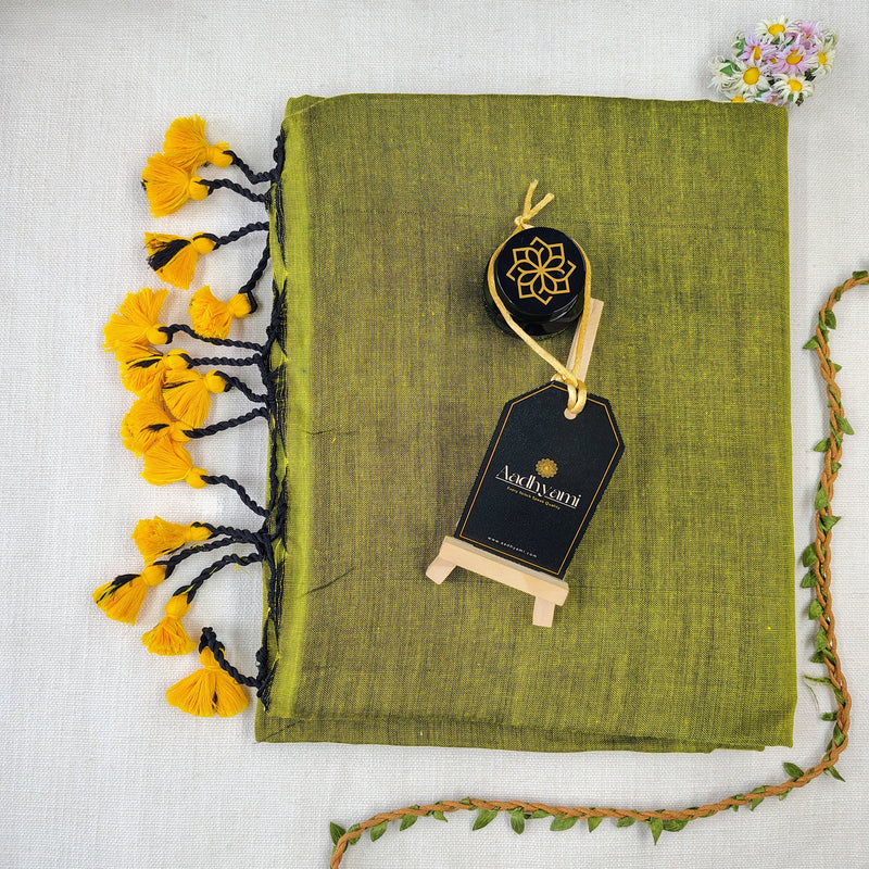 Light Mehndi Handloom Cotton Saree With Designer Blouse