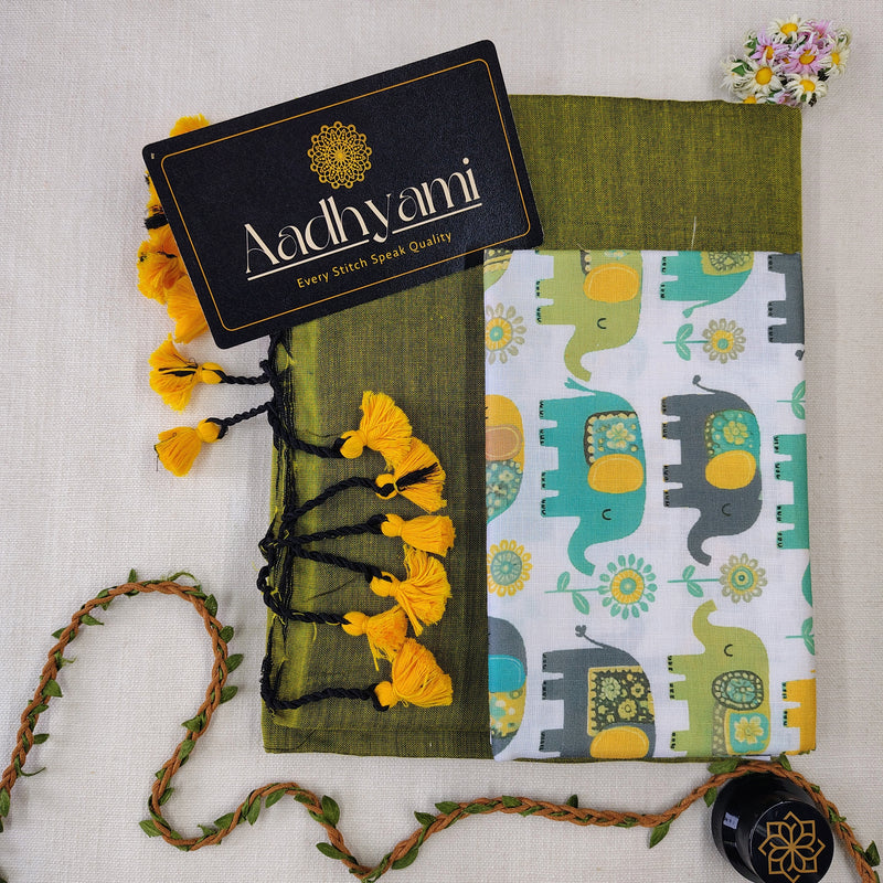 Light Mehndi Handloom Cotton Saree With Designer Blouse