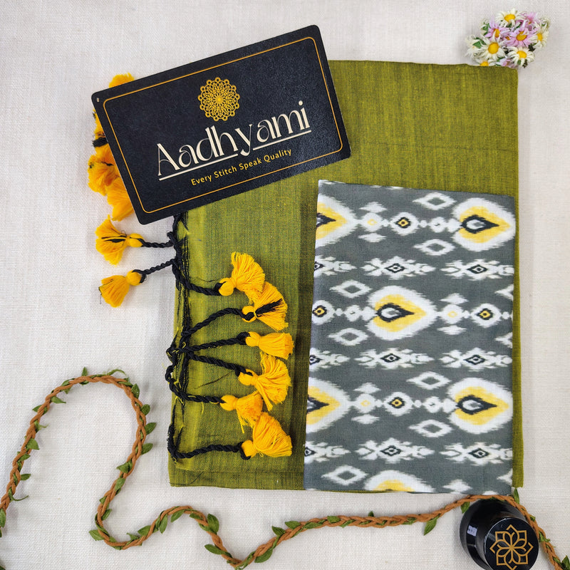 Light Mehndi Handloom Cotton Saree With Designer Blouse