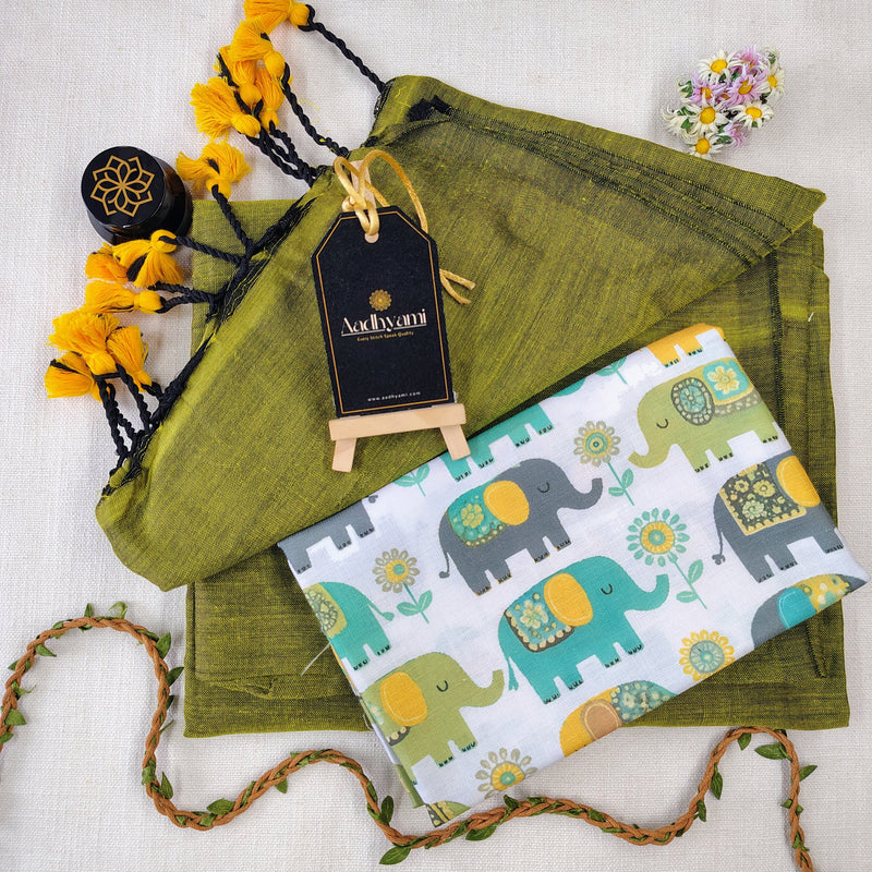 Light Mehndi Handloom Cotton Saree With Designer Blouse