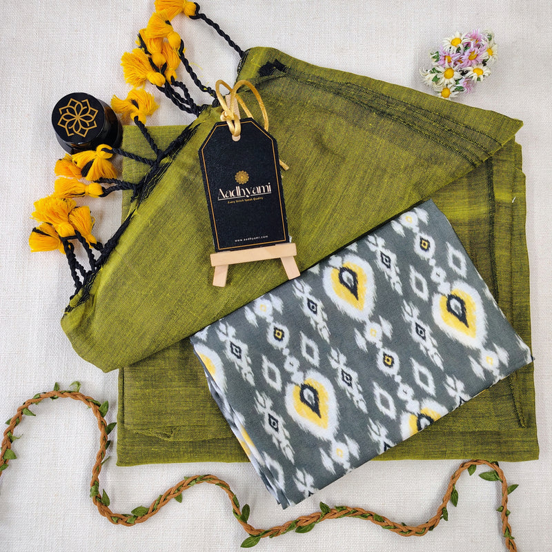 Light Mehndi Handloom Cotton Saree With Designer Blouse