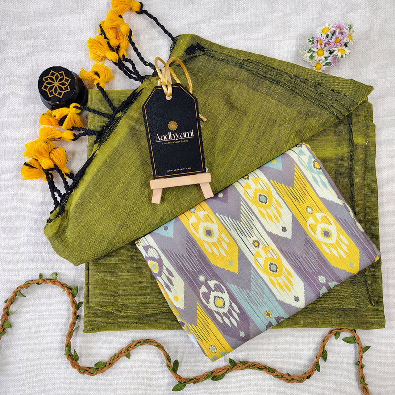 Light Mehndi Handloom Cotton Saree With Designer Blouse