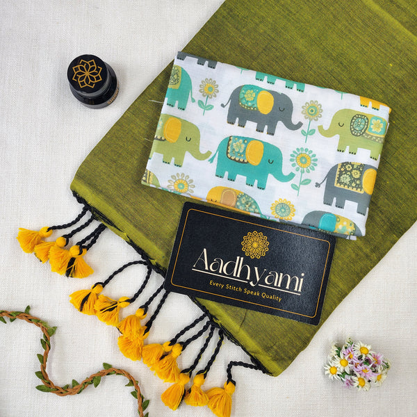 Light Mehndi Handloom Cotton Saree With Designer Blouse