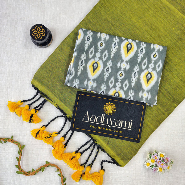 Light Mehndi Handloom Cotton Saree With Designer Blouse