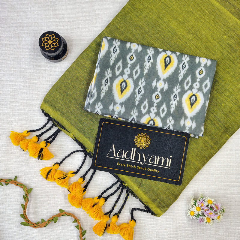 Light Mehndi Handloom Cotton Saree With Designer Blouse