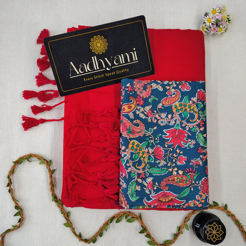 Red Handloom Cotton Saree With Designer Blouse