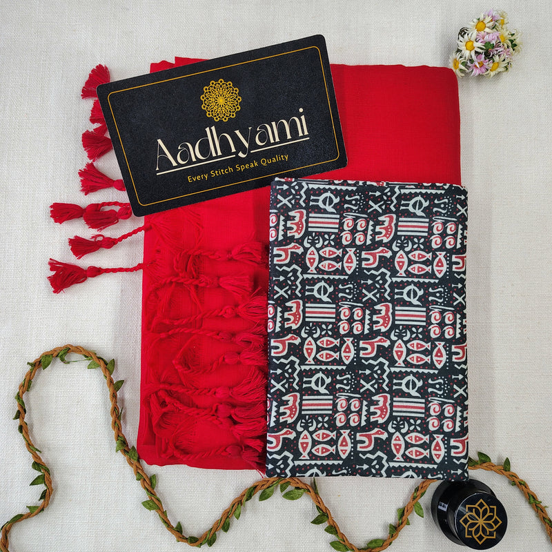 Red Handloom Cotton Saree With Designer Blouse