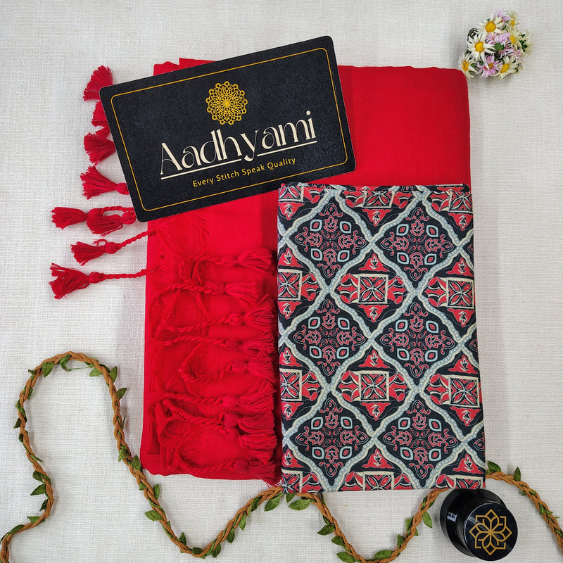 Red Handloom Cotton Saree With Designer Blouse