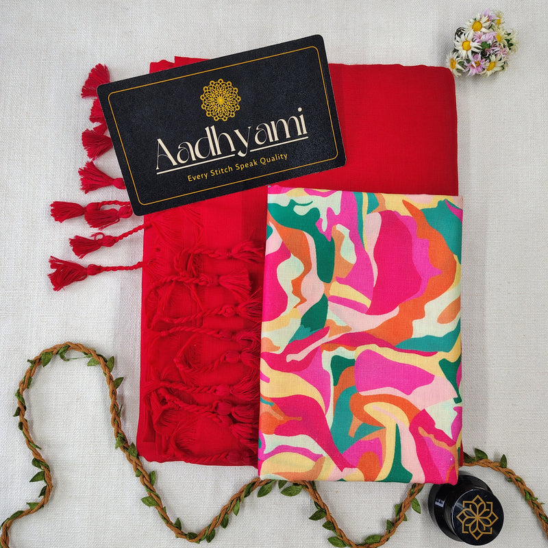 Red Handloom Cotton Saree With Designer Blouse