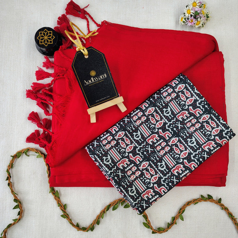 Red Handloom Cotton Saree With Designer Blouse