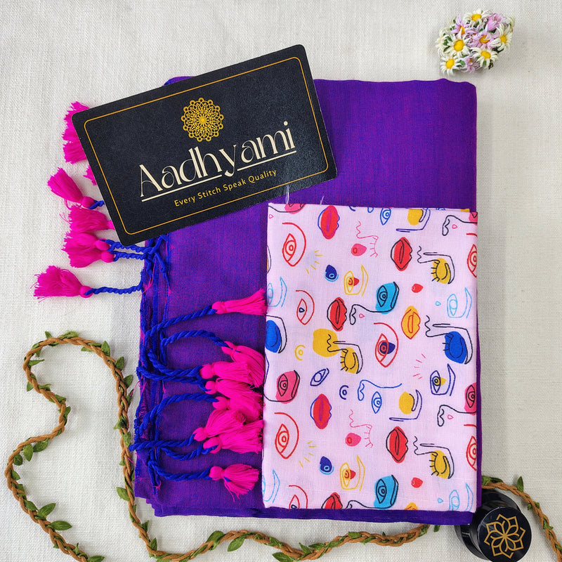 Purple Handloom Cotton Saree With Designer Blouse