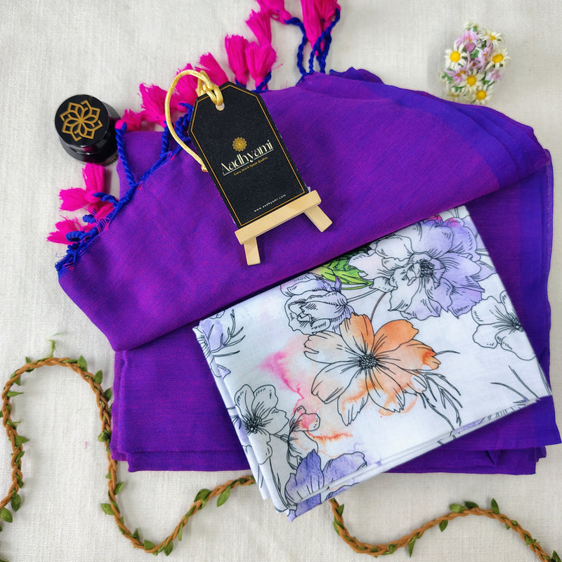 Purple Handloom Cotton Saree With Designer Blouse