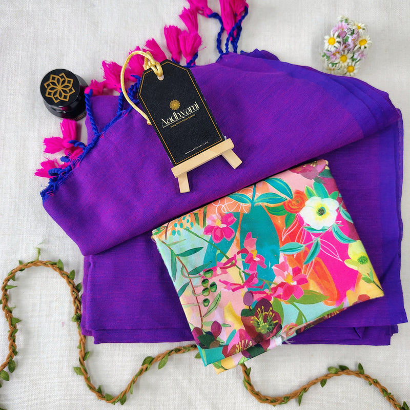 Purple Handloom Cotton Saree With Designer Blouse